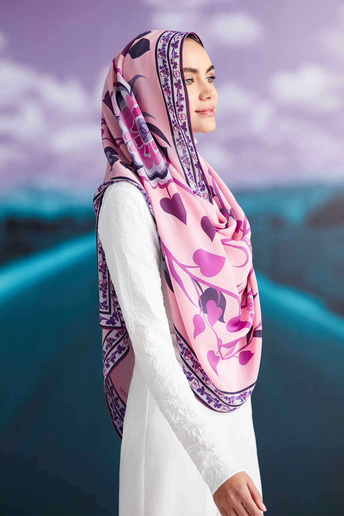 Çöl Sarmaşığı Pembe Krep İpek Şal 80x200