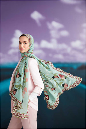 Çöl Sarmaşığı Yeşil Krep İpek Şal 80x200