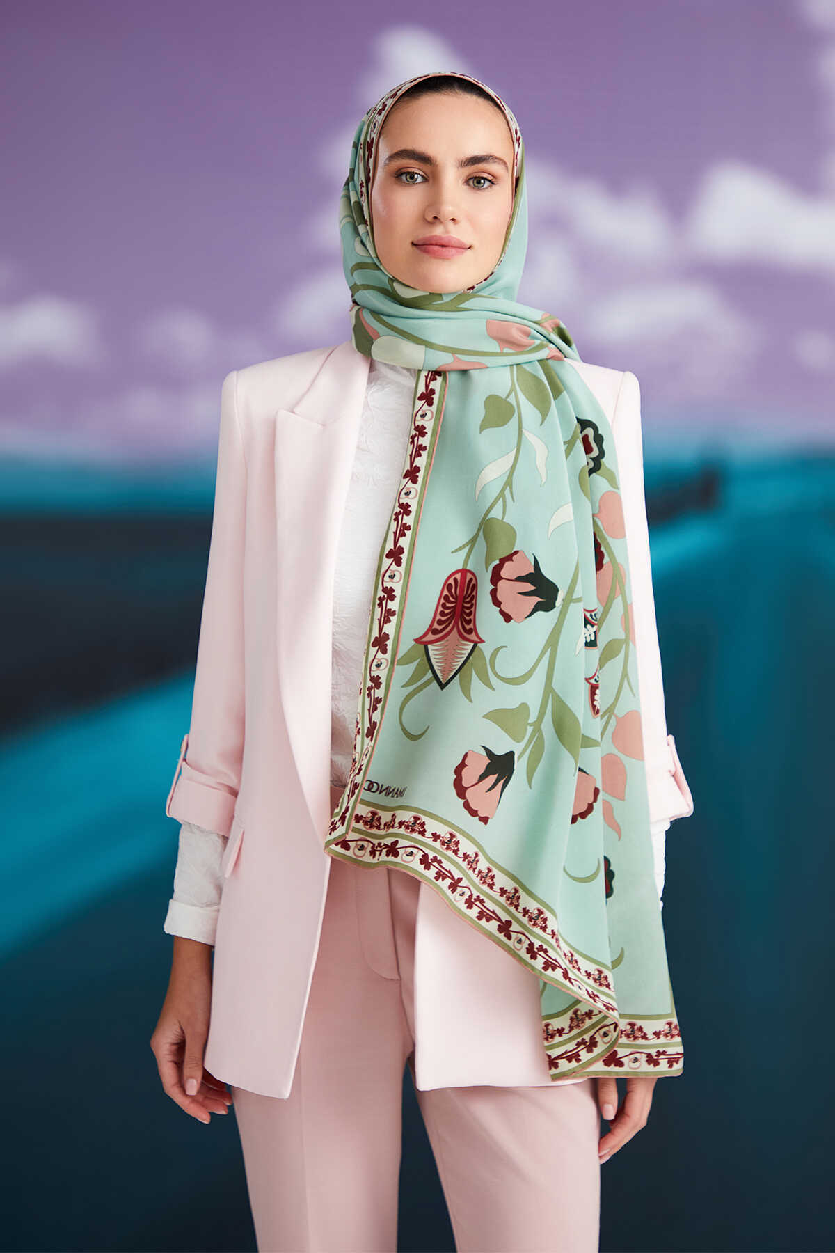 Çöl Sarmaşığı Yeşil Krep İpek Şal 80x200