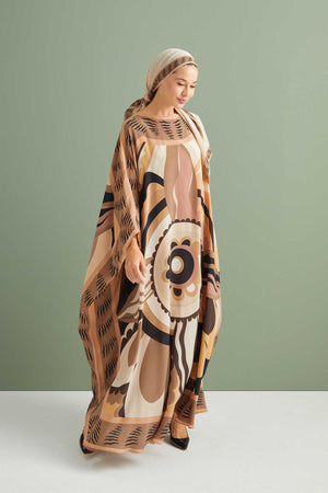 Dans Eden Çiçek Bej Krep İpek Kaftan