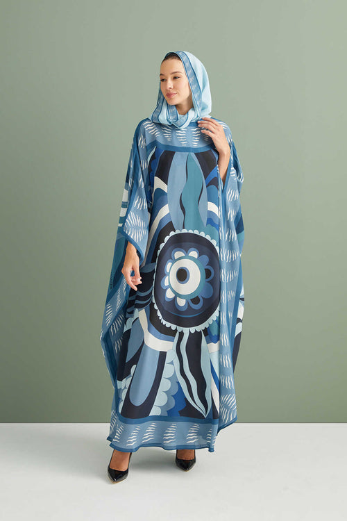 Dans Eden Çiçek Mavi Krep İpek Kaftan