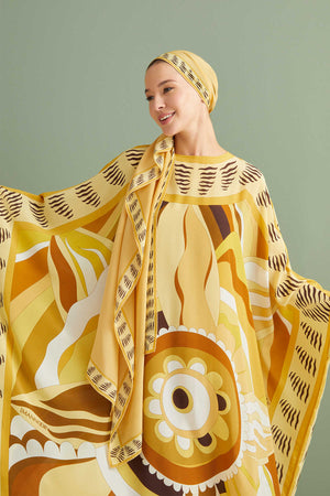 Dans Eden Çiçek Sarı Krep İpek Kaftan