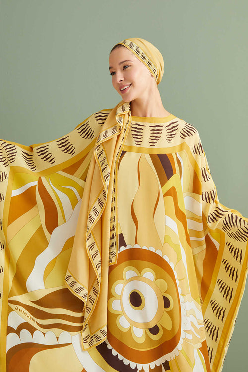 Dans Eden Çiçek Sarı Krep İpek Kaftan
