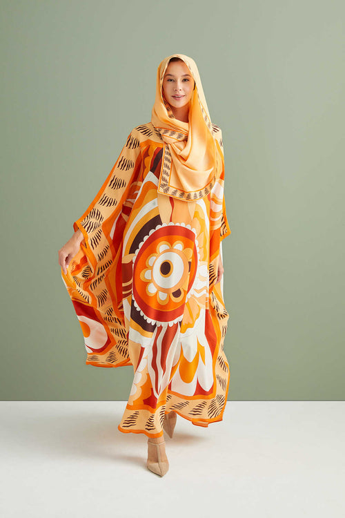 Dans Eden Çiçek Turuncu Krep İpek Kaftan