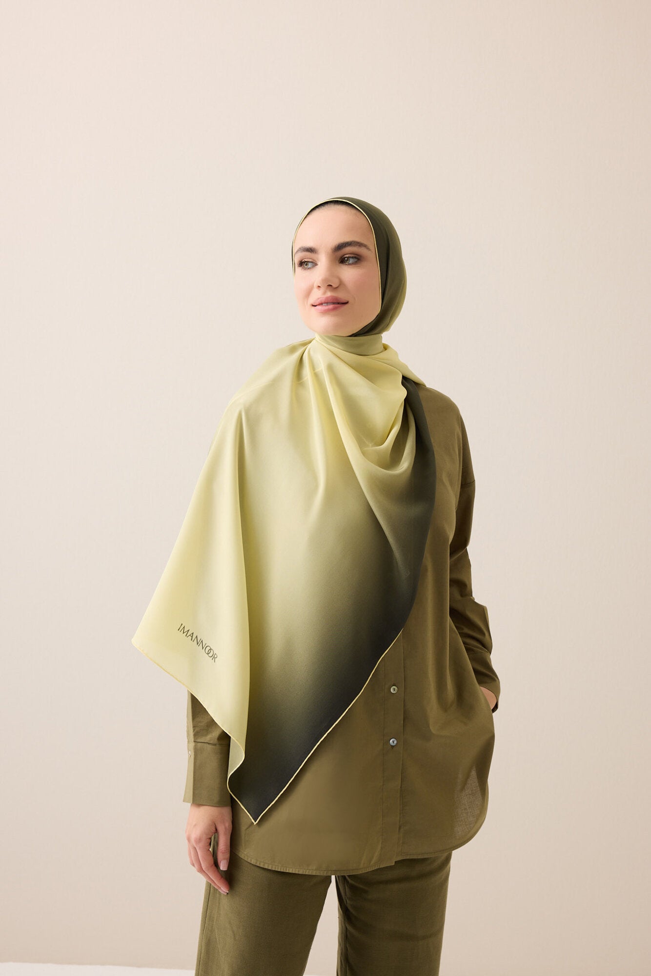 Degrade Haki-Limon Sarısı Krep İpek Şal 70x210