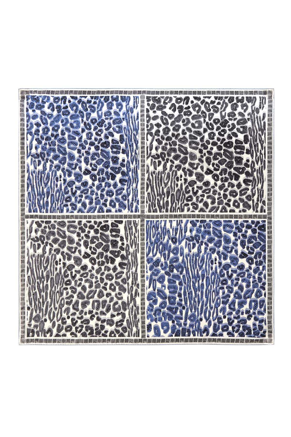 Deniz Leoparı Mavi Tivil İpek Eşarp 90x90