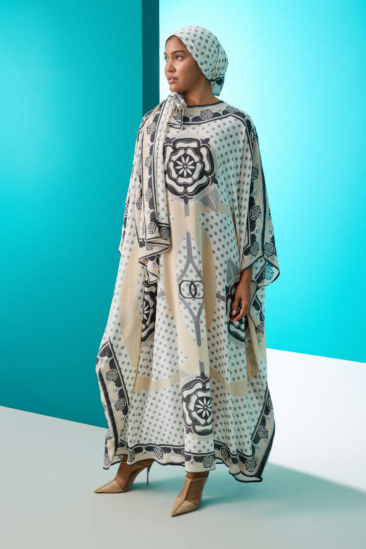 Dörtlü Gonca Krem İpek Kaftan