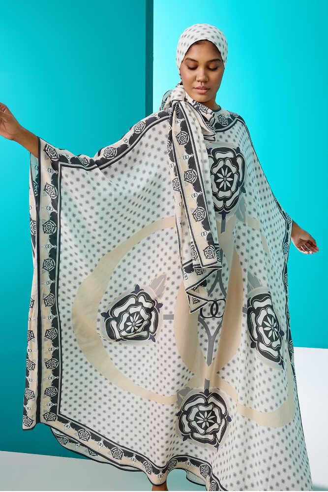 Dörtlü Gonca Krem İpek Kaftan