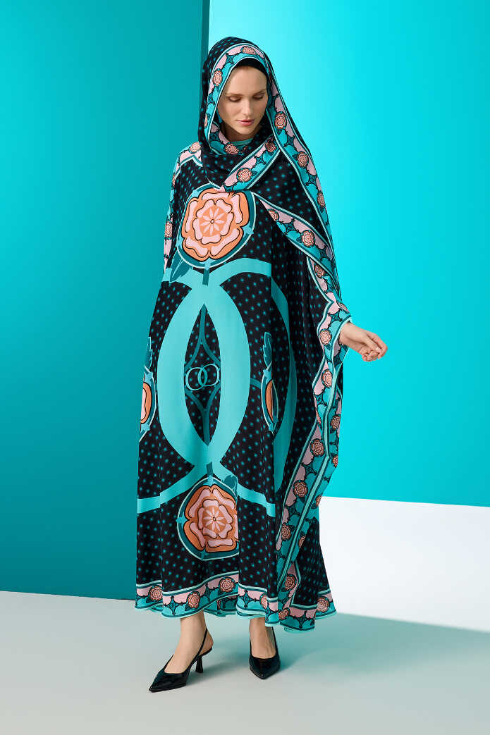 Dörtlü Gonca Siyah İpek Kaftan