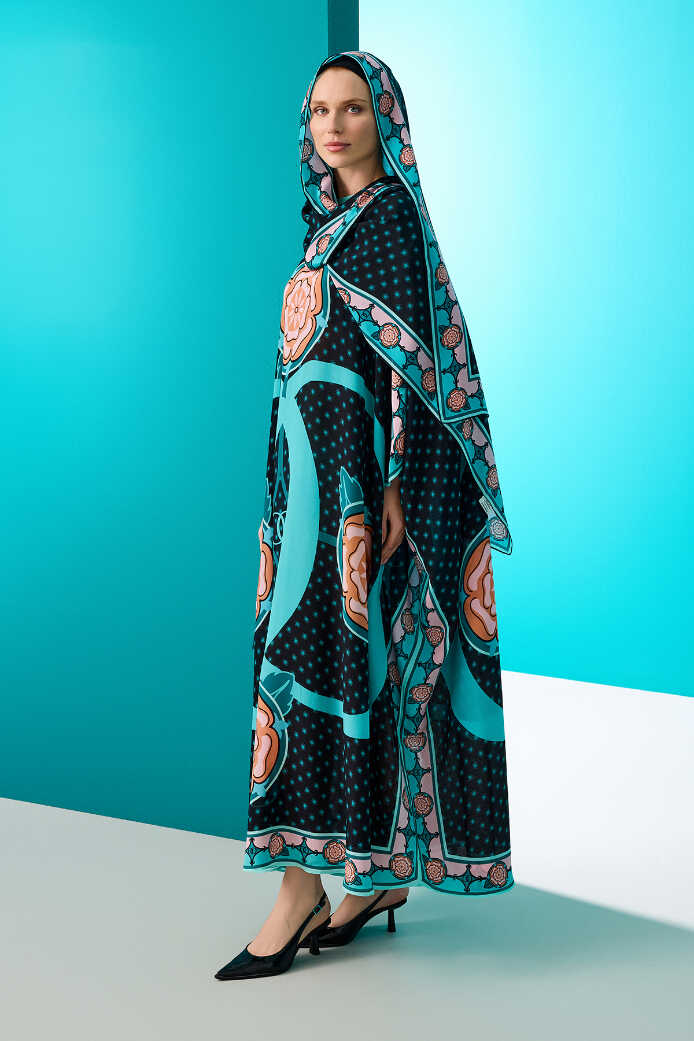 Dörtlü Gonca Siyah İpek Kaftan