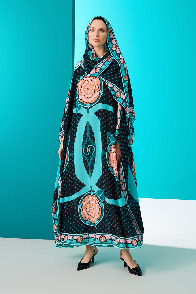 Dörtlü Gonca Siyah İpek Kaftan