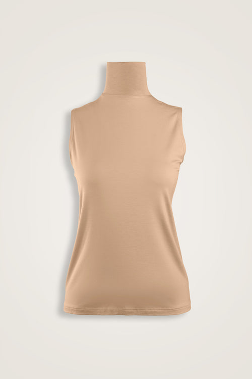 Düz Renk Bej Uzun Penye Kolsuz Bluz