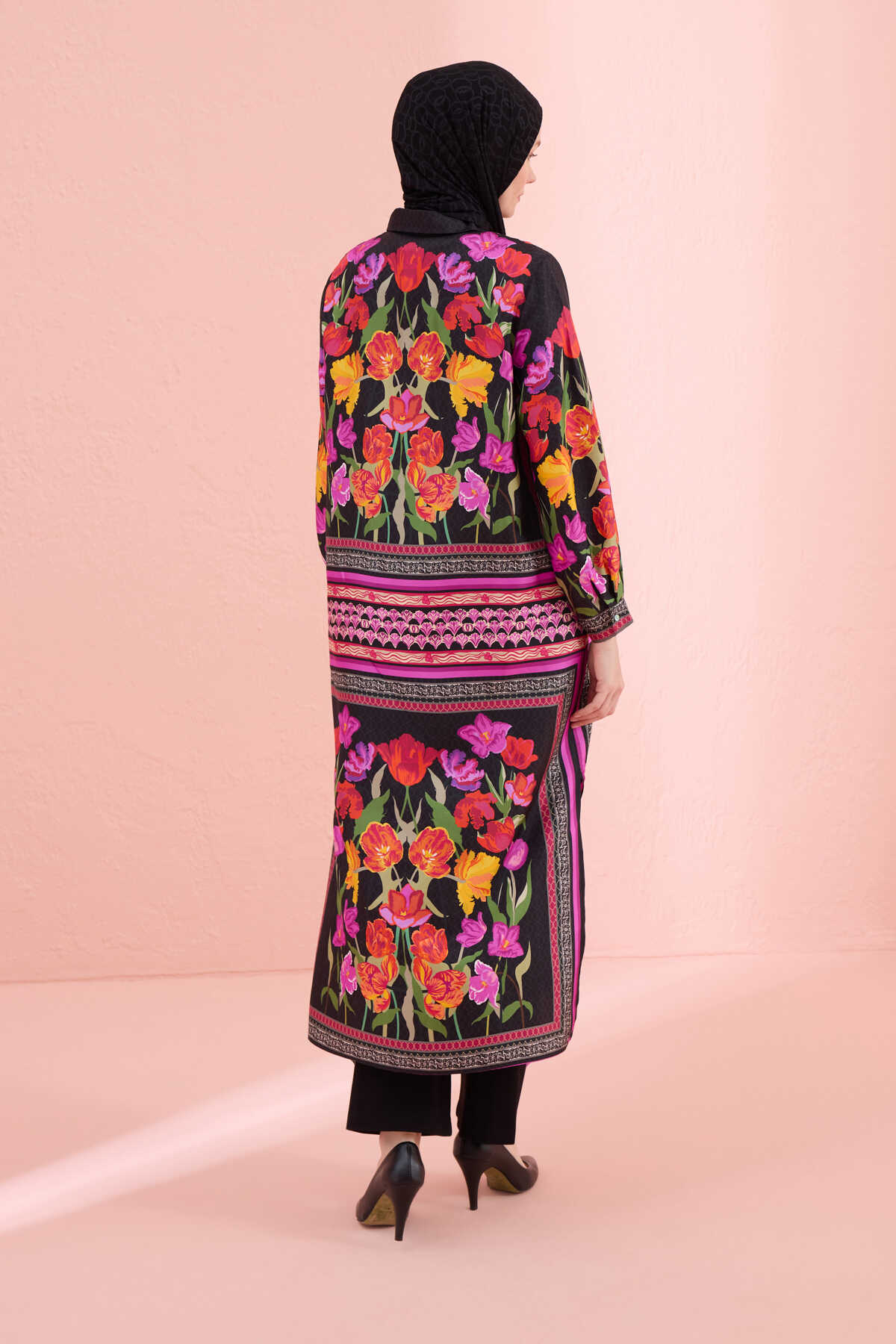 Gece Bahçesi Siyah Krep İpek Gömlek Elbise