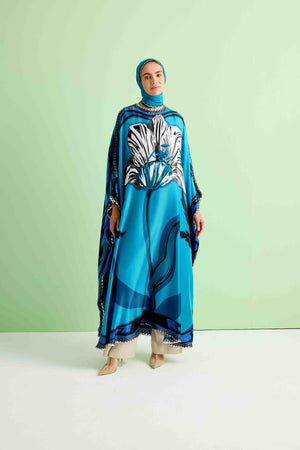 Gece Çiçeği Mavi İpek Kaftan