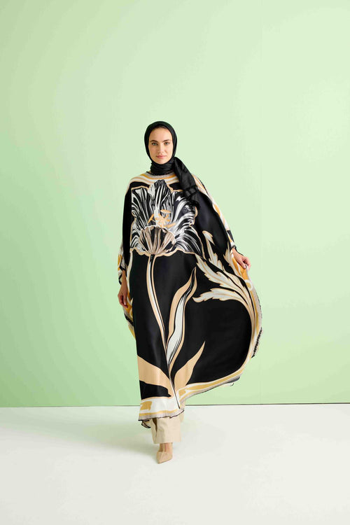 Gece Çiçeği Siyah/Altın İpek Kaftan
