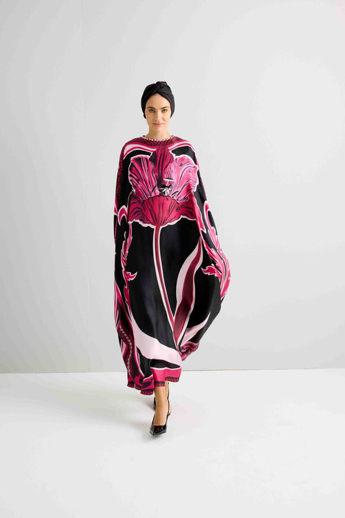 Gece Çiçeği Siyah/Fuşya İpek Kaftan