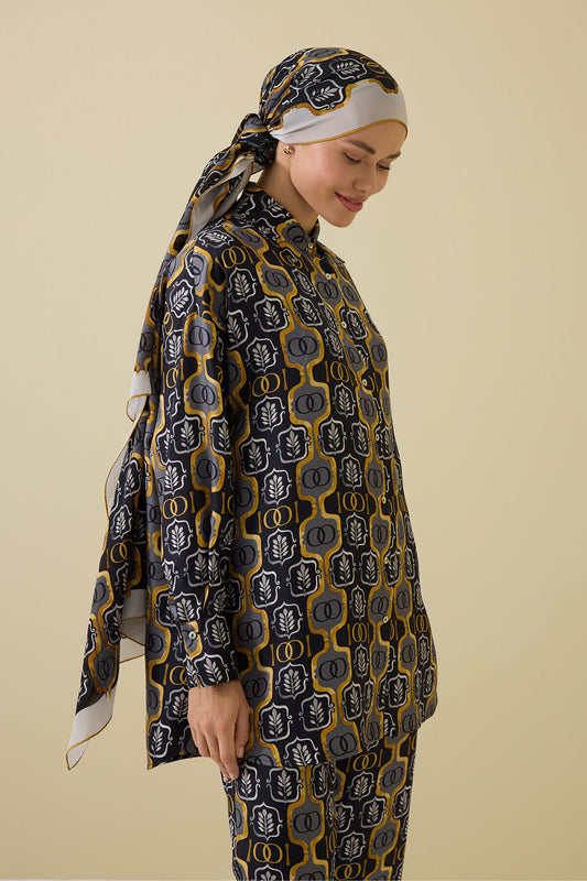 Girdap Siyah-Altın Tivil İpek Gömlek Pijama