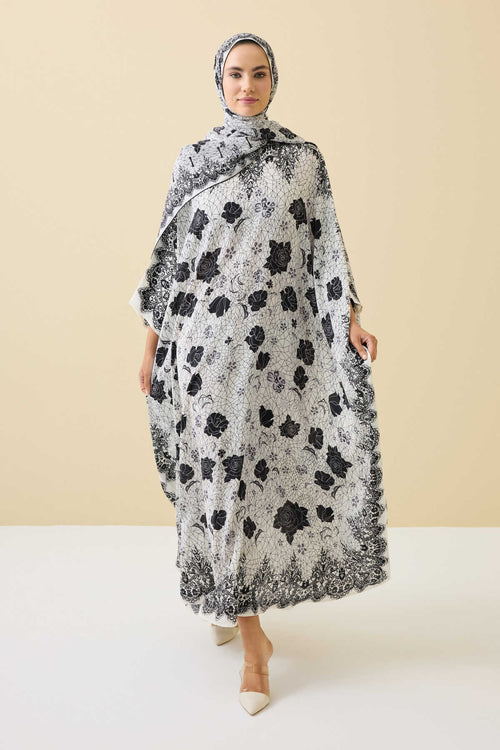 Gül Dantel Beyaz Krep İpek Kaftan