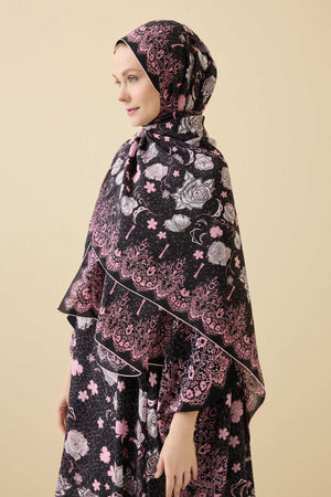 Gül Dantel Siyah Krep İpek Kaftan Şal 70x210