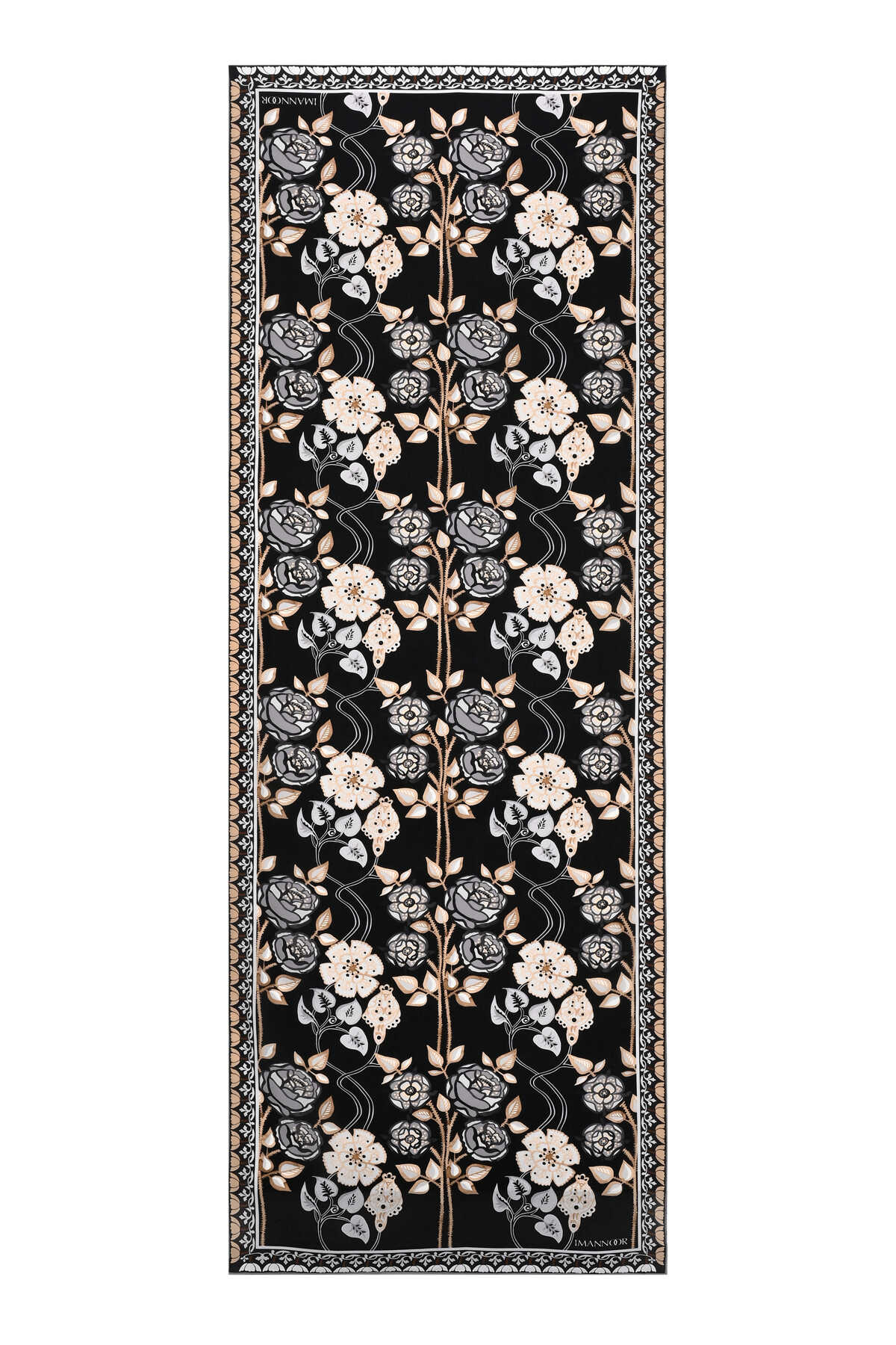 Gül Sarmaşık Siyah Krep İpek Kaftan Şal 70x210