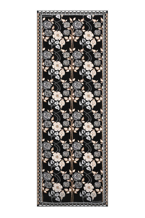 Gül Sarmaşık Siyah Krep İpek Kaftan Şal 70x210