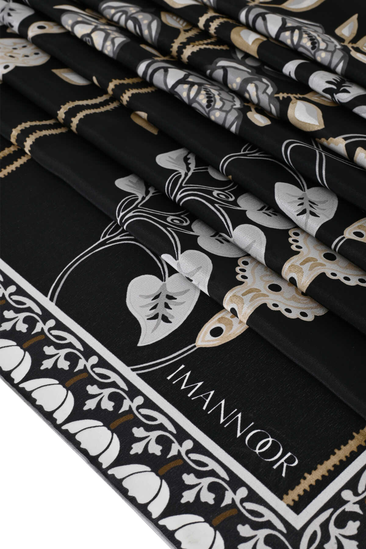 Gül Sarmaşık Siyah Krep İpek Kaftan Şal 70x210