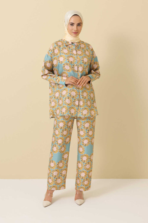 Halkalar Mavi Krep İpek Pijama Gömlek