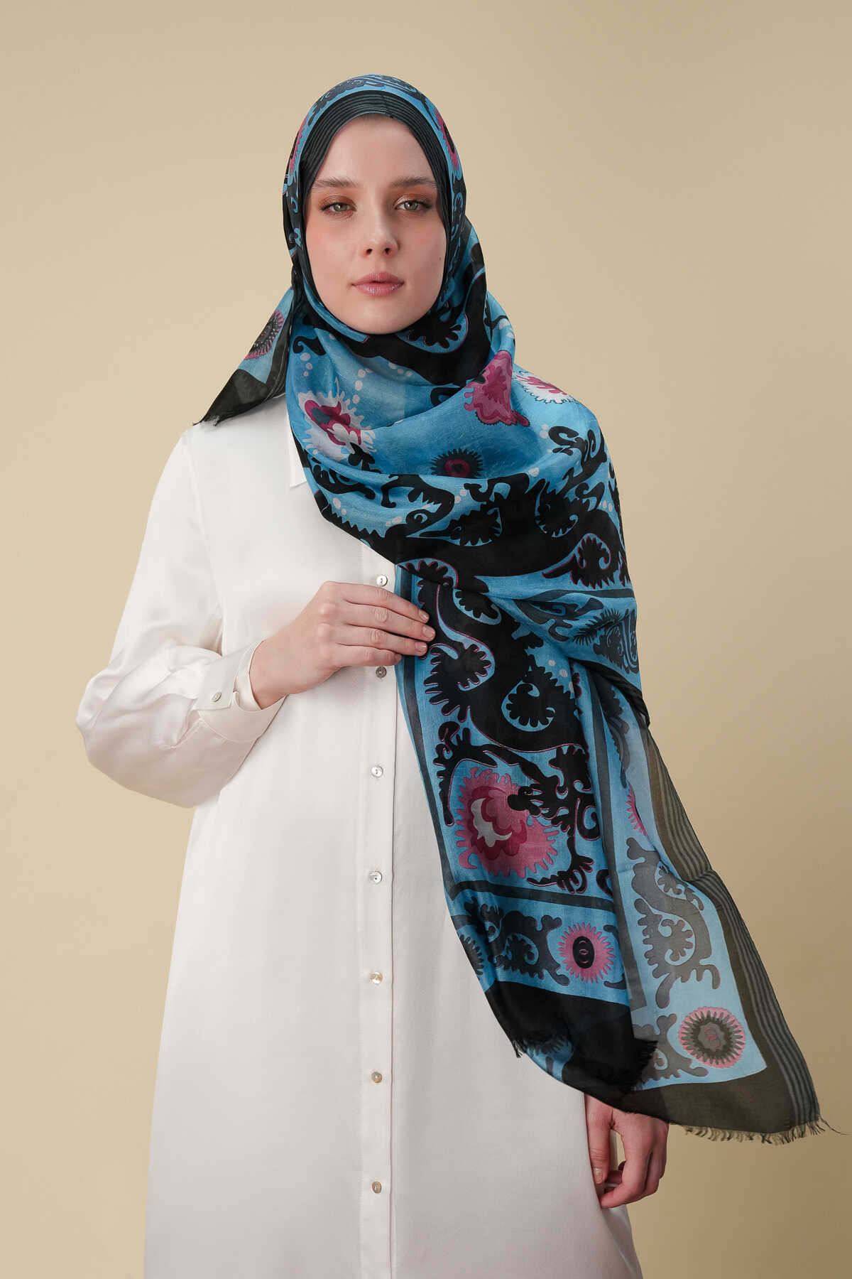Hayat Mavi İpek Vual Şal 70x200