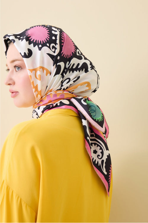 Hayat Pembe-Somon Çift Taraflı Tivil İpek Eşarp 90x90