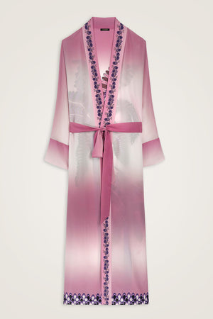 Hurma Ağacı Pembe Krep İpek Uzun Kimono
