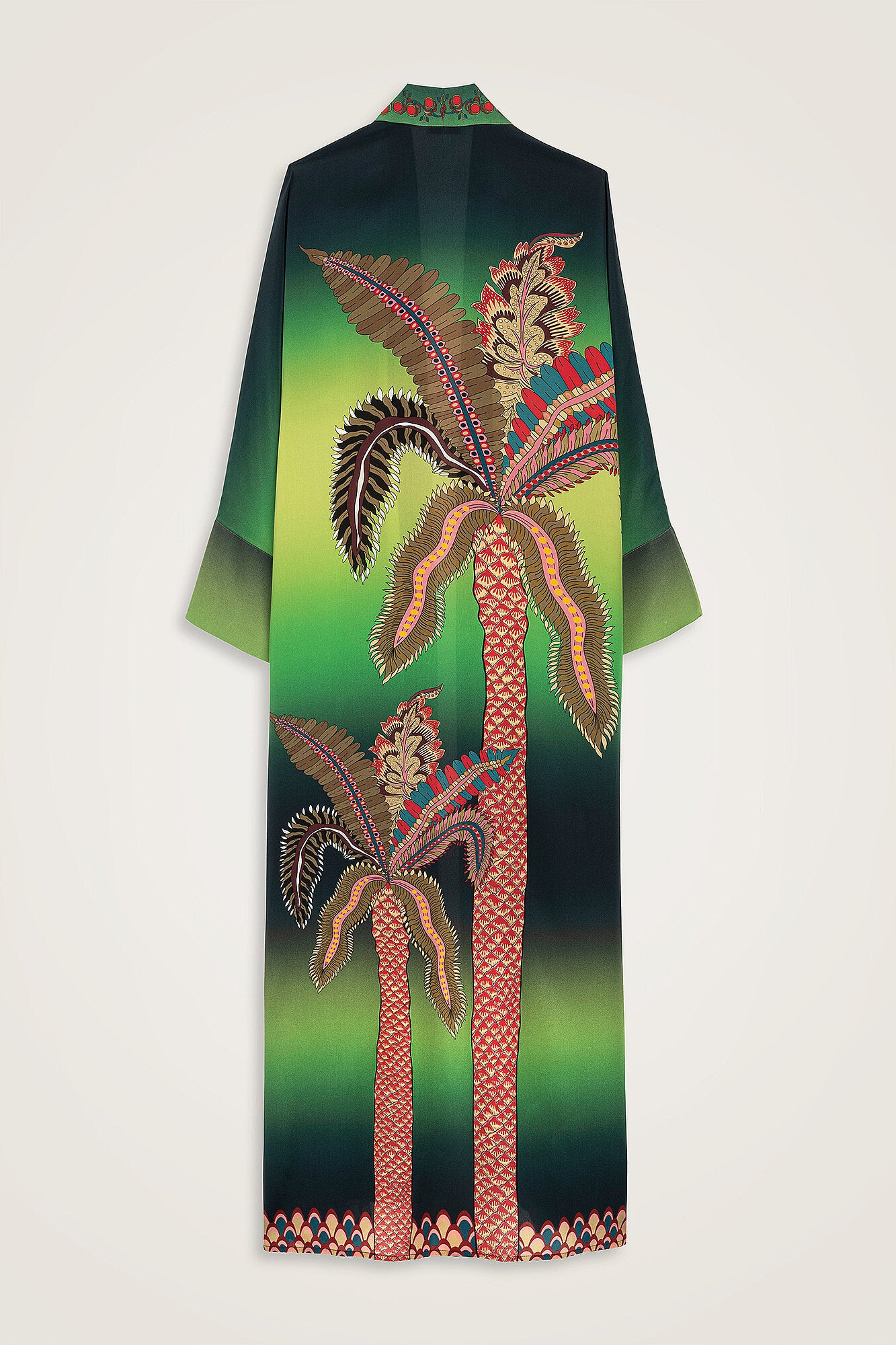 Hurma Ağacı Yeşil Krep İpek Uzun Kimono
