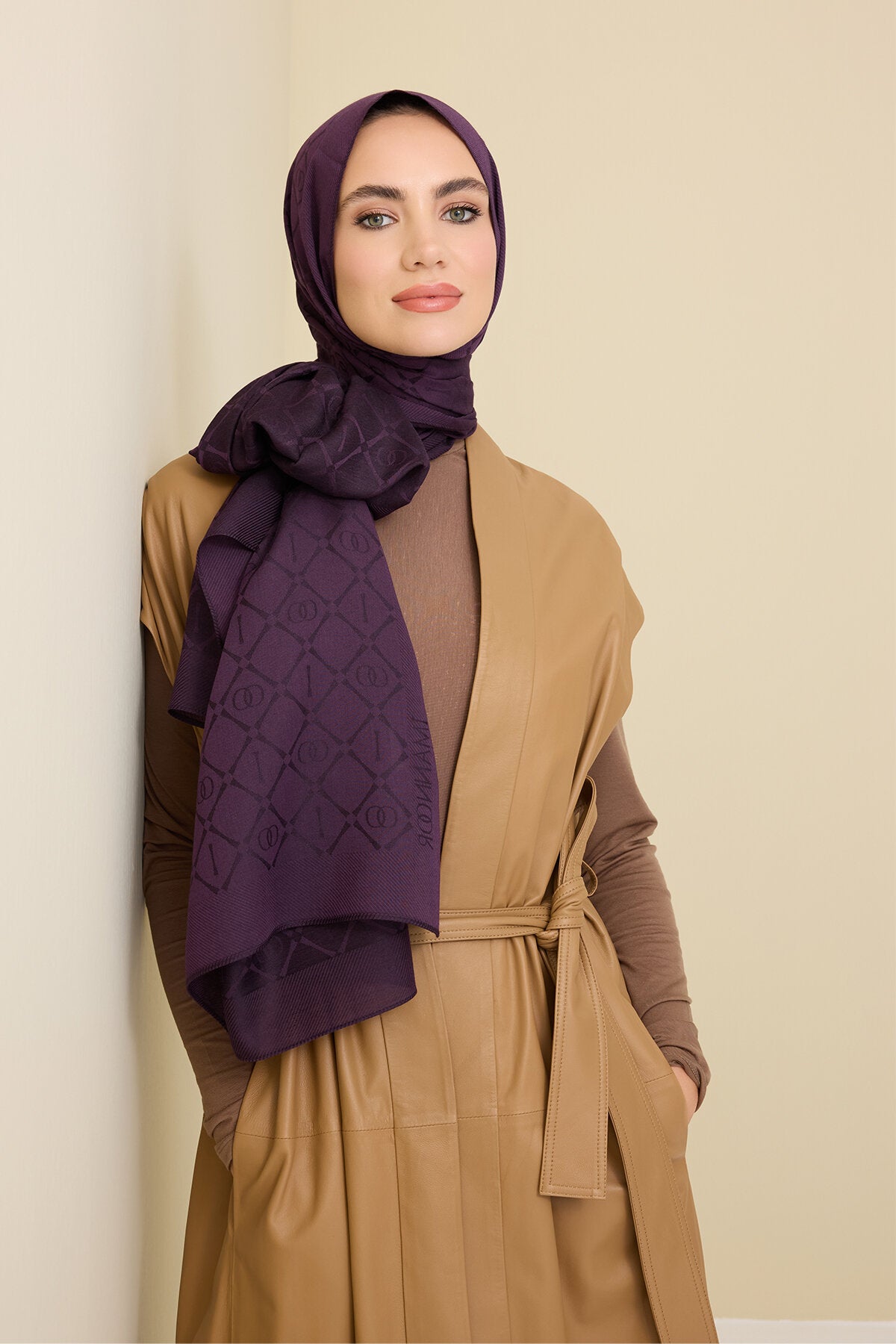 İman I Kafes Mor Tencel Pamuk İpek Şal 70x200