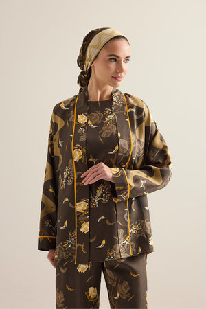 İman'ın Gülü Kahverengi Tivil İpek Kimono