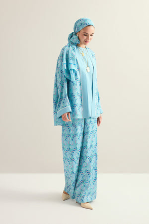 İmannoor Çiçeği Mavi Tivil İpek Kısa Kimono