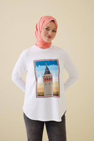 Galata Uzun Kollu Beyaz Tişört