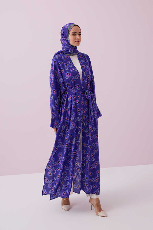 İmannoor Serpme Çiçek İpek Kimono Mor - Purple