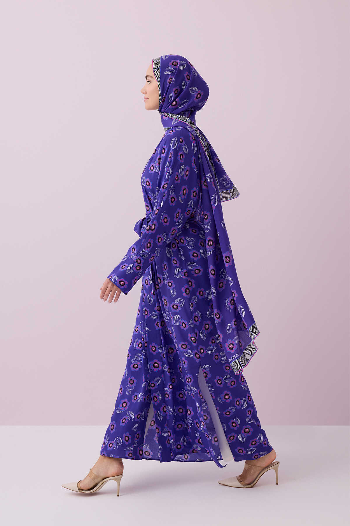 İmannoor Serpme Çiçek İpek Kimono Mor - Purple