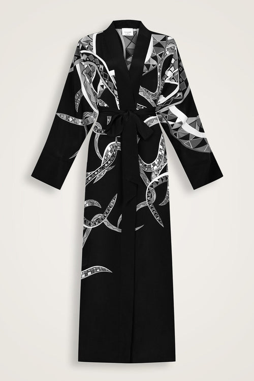 İmannoor x Rawdah Ahtapot Siyah-Beyaz İpek Kimono