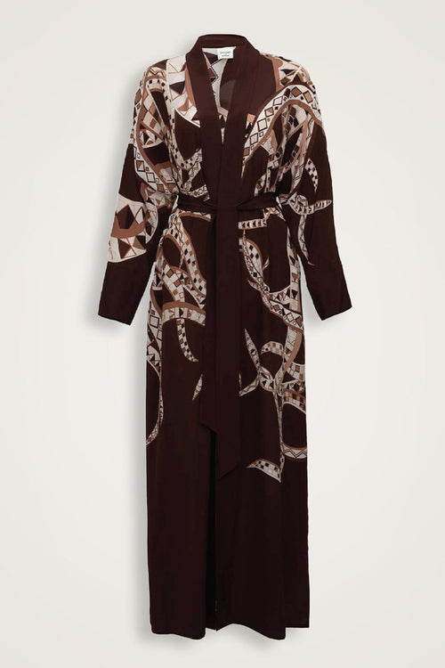 İmannoor x Rawdah Ahtapot Kahverengi Krep İpek Kimono