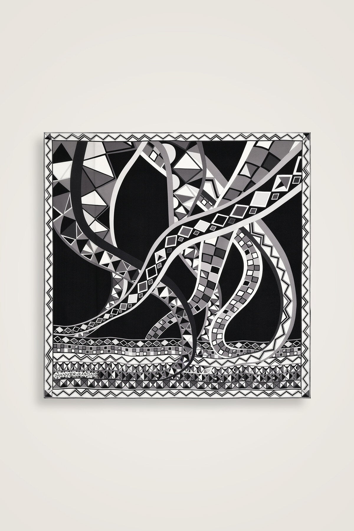 İmannoor x Rawdah Ahtapot Siyah-Beyaz İpek Büyük Eşarp 110x110