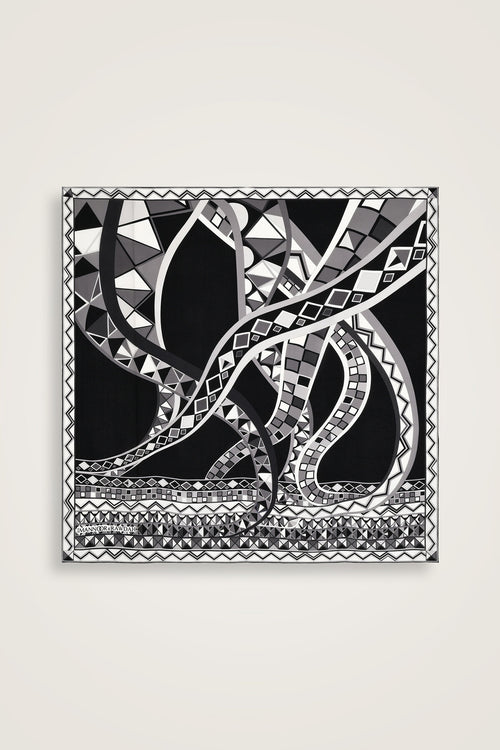 İmannoor x Rawdah Ahtapot Siyah-Beyaz İpek Büyük Eşarp 110x110