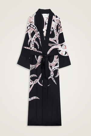 İmannoor x Rawdah Ahtapot Siyah-Pembe Krep İpek Kimono