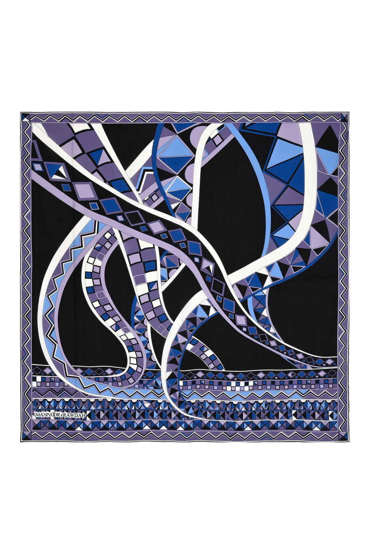 İmannoor x Rawdah Ahtapot Siyah-Saks İpek Büyük Eşarp 110x110
