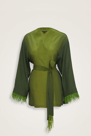 İmannoor x Rawdah Degrade Otrişli Yeşil İpek Kısa Kimono