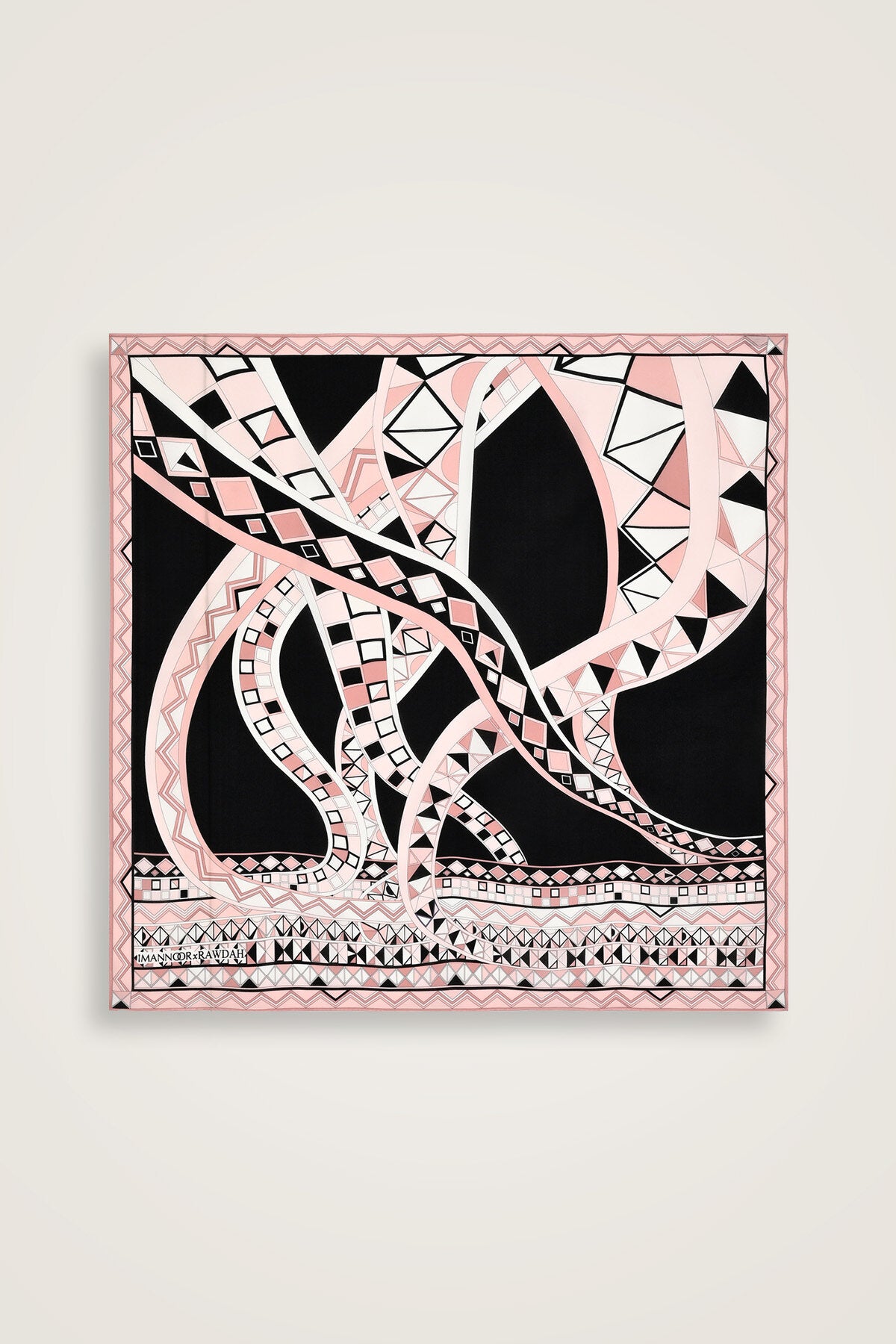 İmannoor x Rawdah Ahtapot Siyah-Pembe İpek Büyük Eşarp 110x110