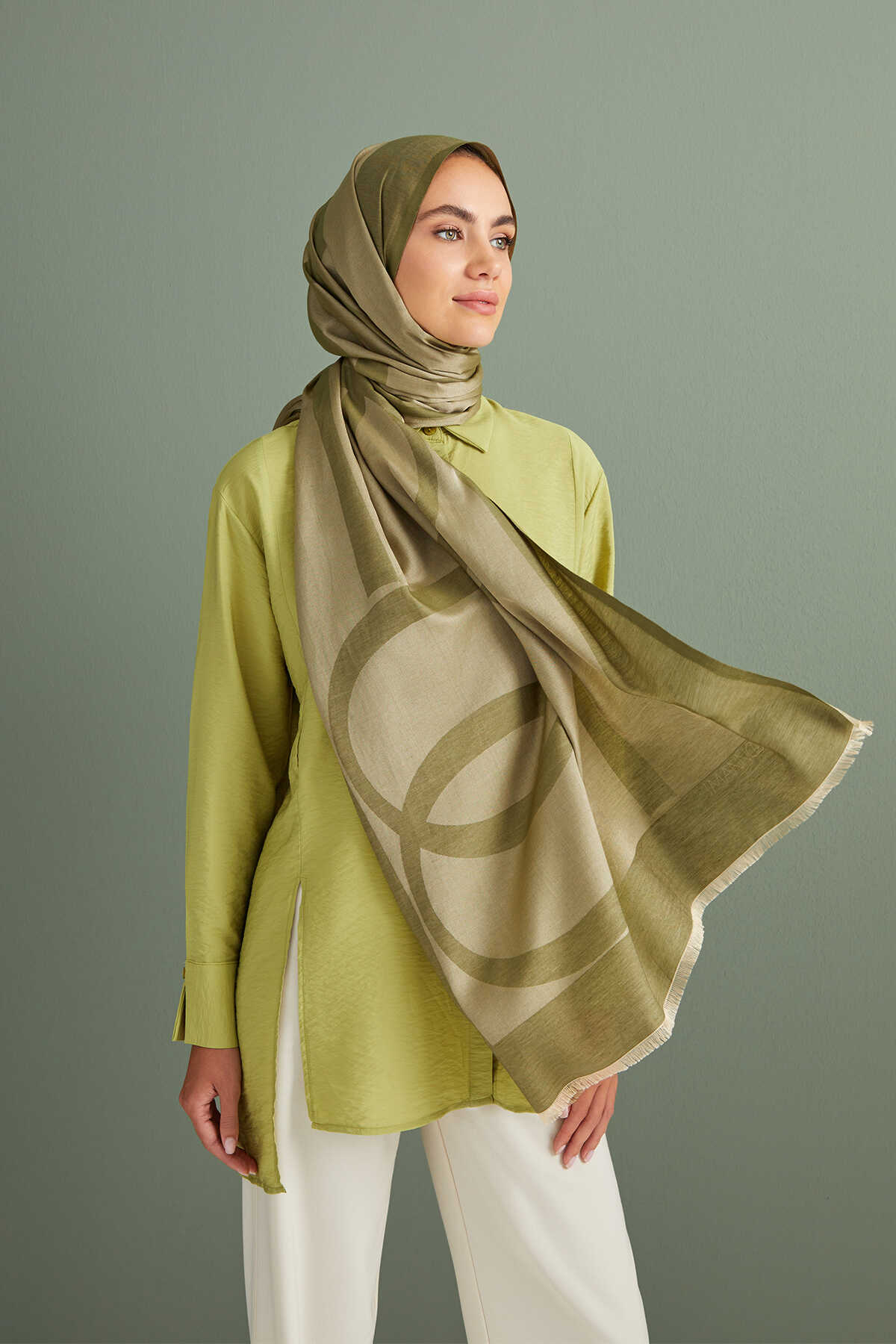 Imannoor Yeşil Pamuk İpek Şal 80x210