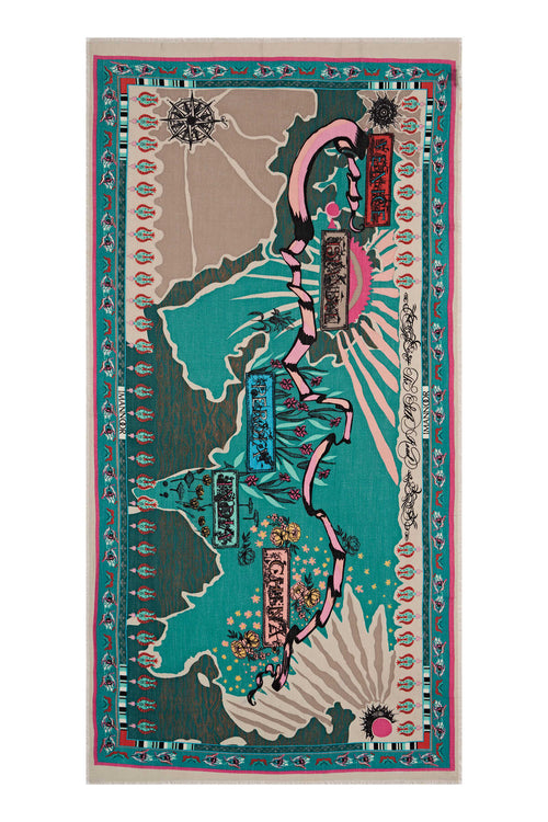 İpek Yolu Turkuaz Kaşmir İpek Şal 100x200