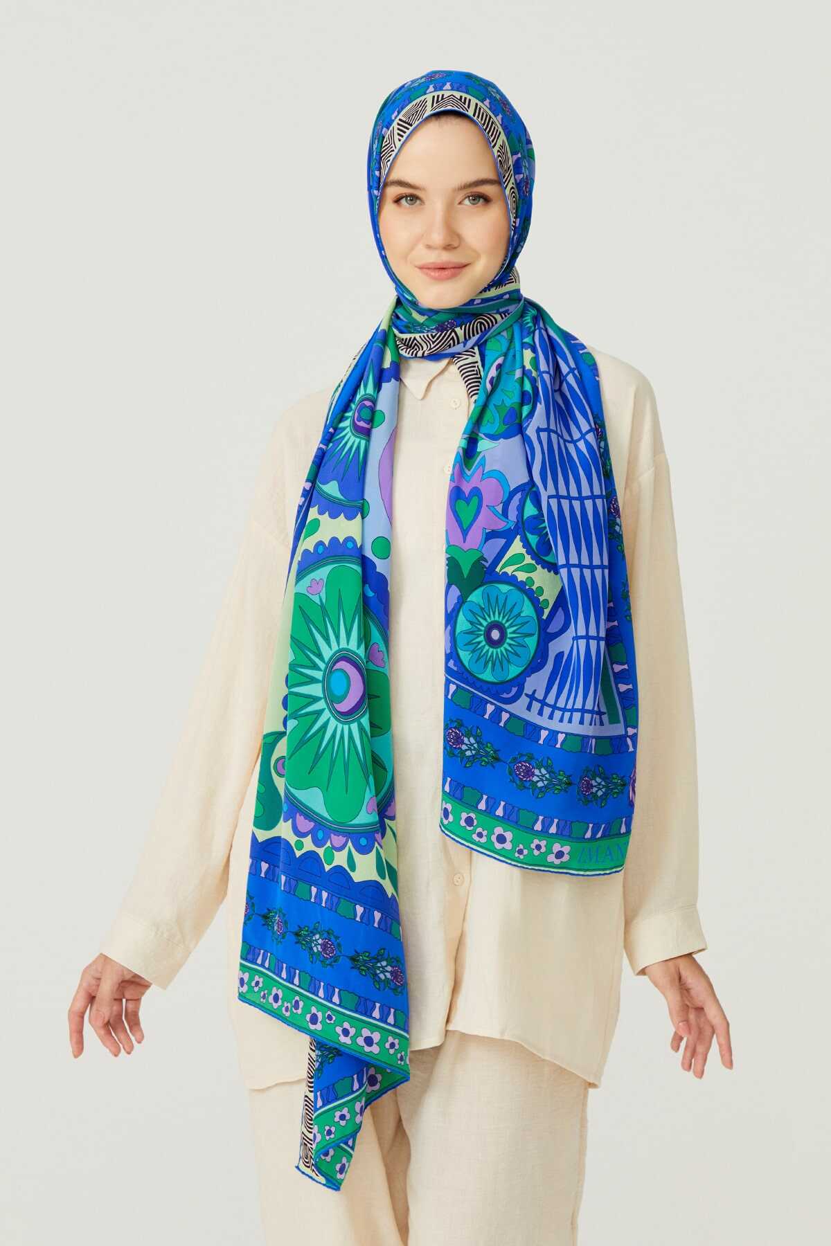 Kafdağı Çiçeği Mavi İpek Şal 80x200