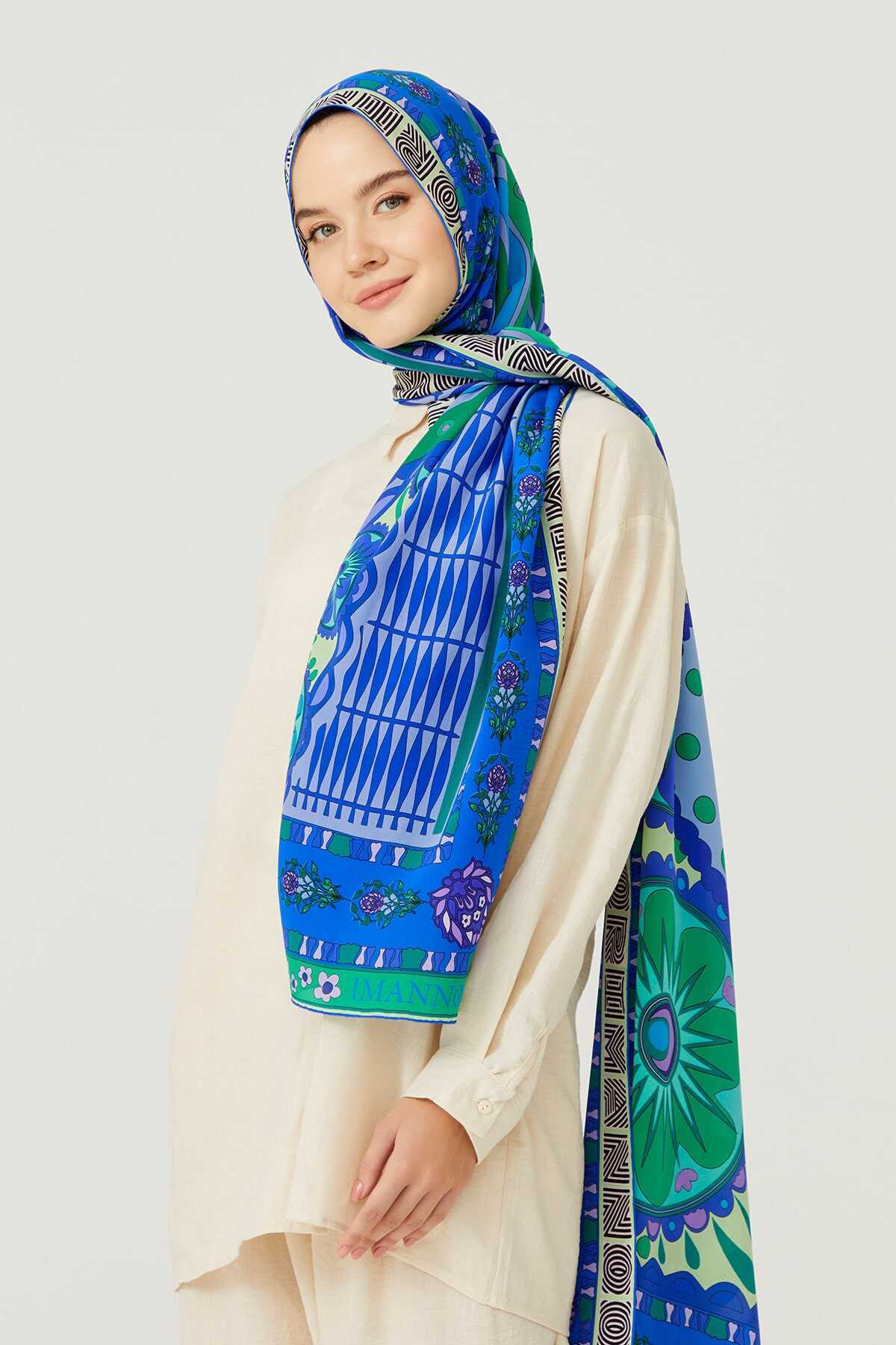 Kafdağı Çiçeği Mavi İpek Şal 80x200