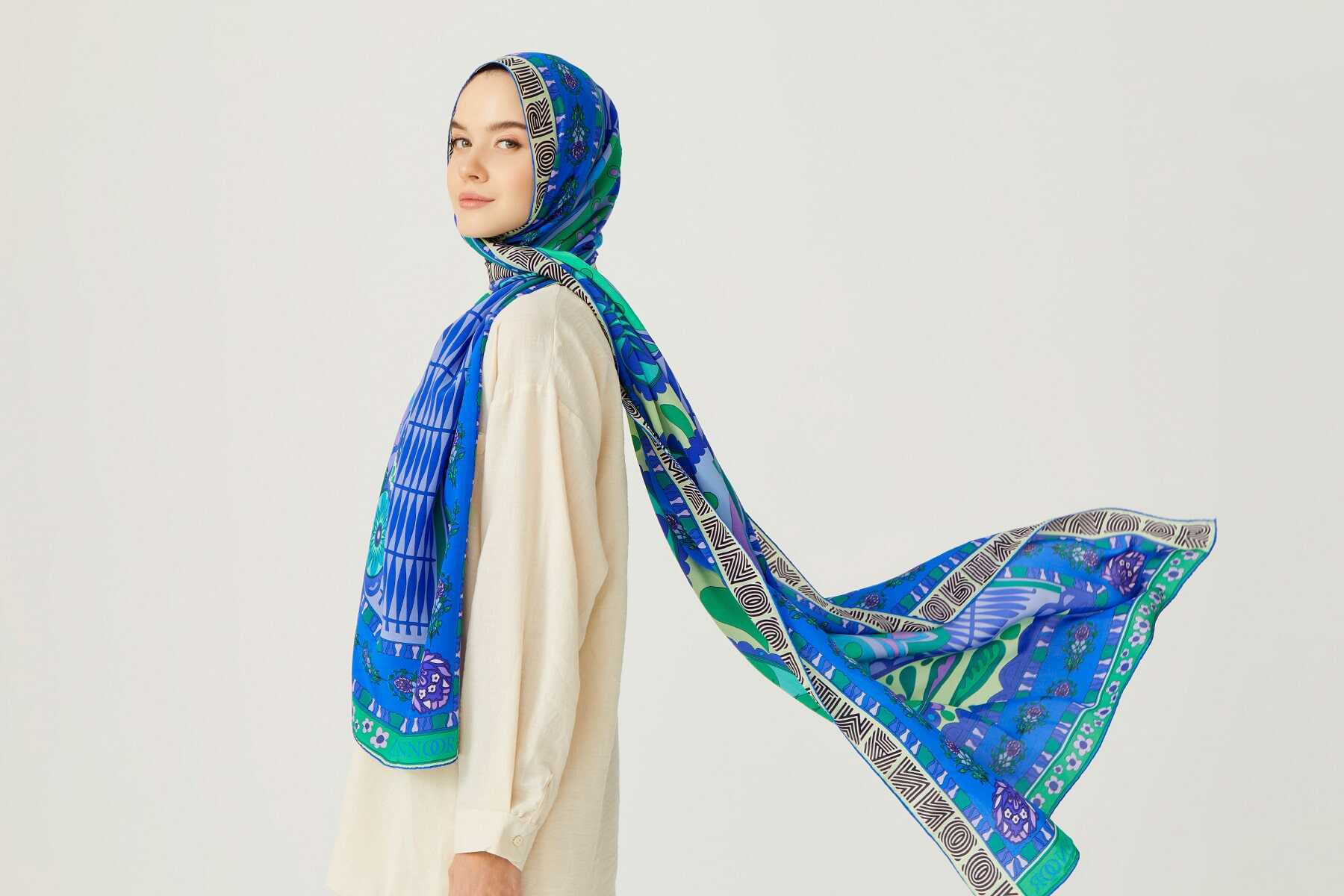Kafdağı Çiçeği Mavi İpek Şal 80x200